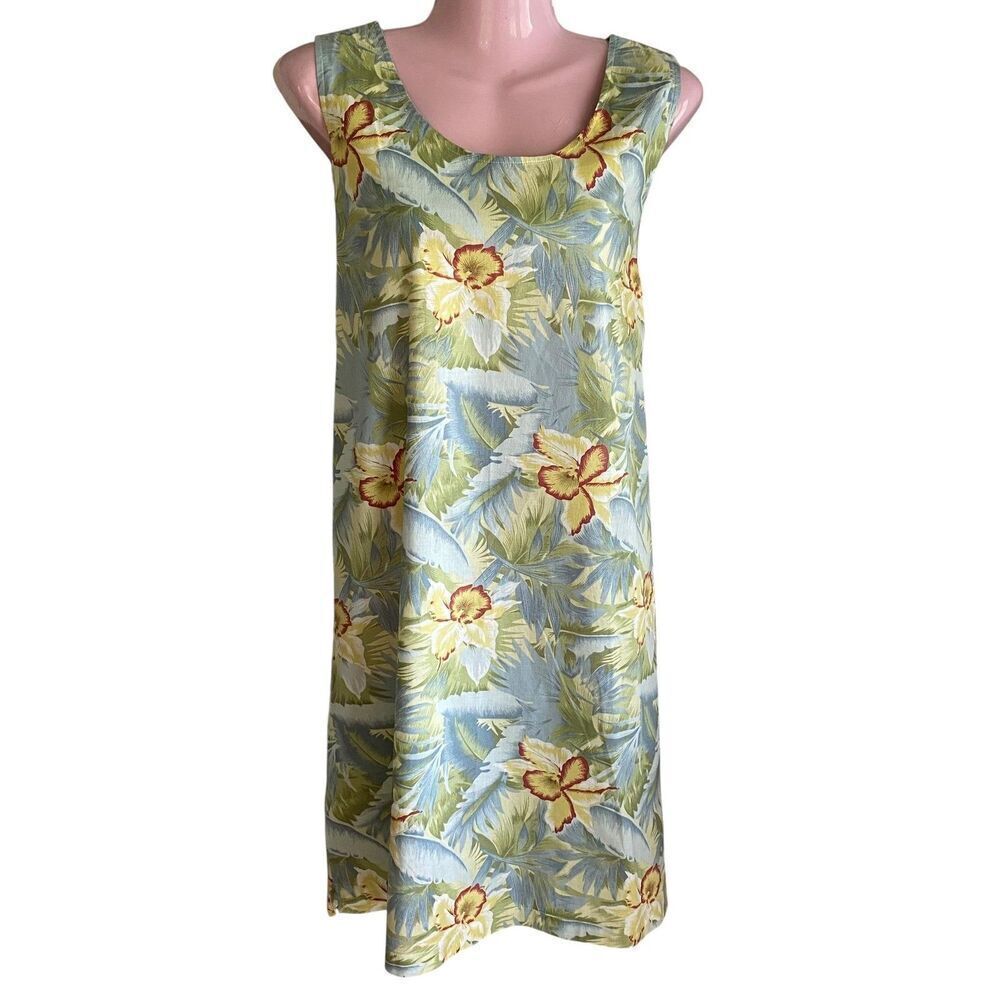 Rainforest Cafe Dress Womens XL Blue Yellow Floral Hawaiian Tank Sleeveless 90s